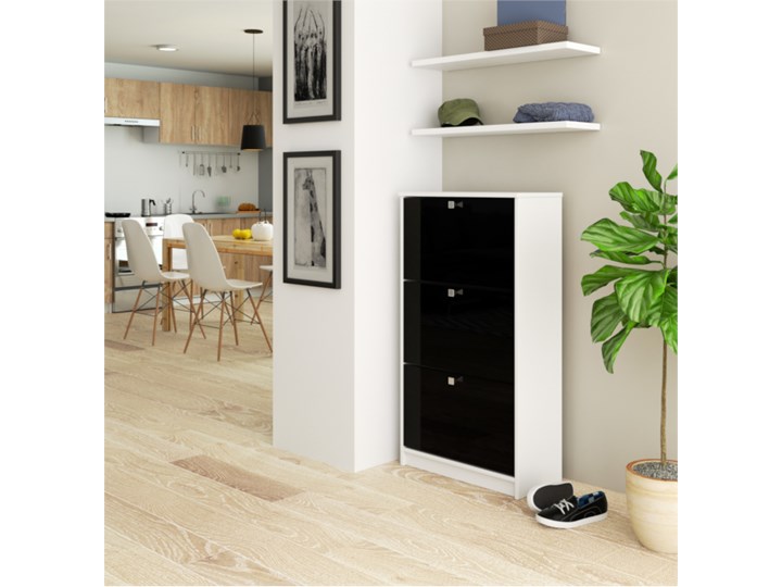 Biało-czarna szafka obuwnicza na połysk - Scarpi 3X Styl Industrialny Płyta laminowana Płyta meblowa Płyta MDF Tworzywo sztuczne Drewno Na buty Głębokość 29 cm Styl Nowoczesny