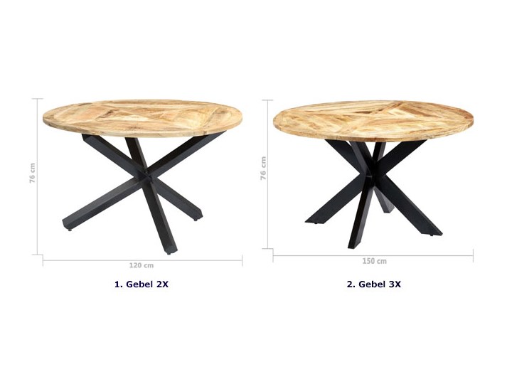 Okrągły stół z drewna mango – Gebel 3X Wysokość 76 cm Stal Drewno Długość po rozłożeniu