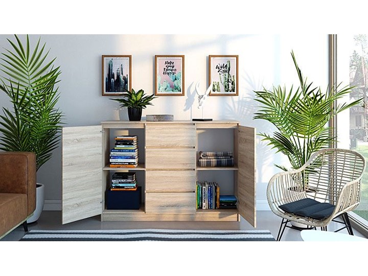Komoda z szufladami dąb sonoma - Intia 5X Szerokość 140 cm Z szafkami i szufladami Styl Minimalistyczny Płyta laminowana Głębokość 40 cm Wysokość 97 cm Pomieszczenie Sypialnia