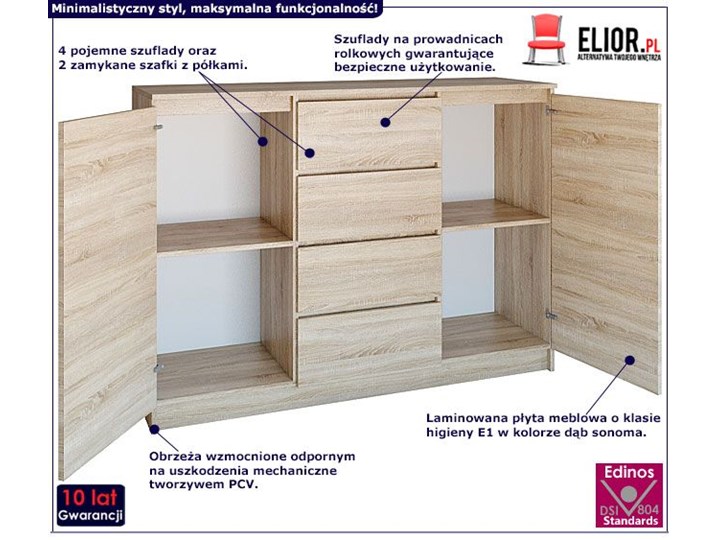Komoda z szufladami dąb sonoma - Intia 5X Głębokość 40 cm Wysokość 97 cm Kategoria Komody Szerokość 140 cm Płyta laminowana Z szafkami i szufladami Pomieszczenie Pokój nastolatka