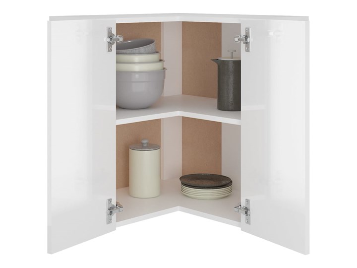 vidaXL Wisząca szafka narożna, biała, wysoki połysk, 57x57x60 cm Kolor Biały Płyta MDF Szafka wisząca Kategoria Szafki kuchenne