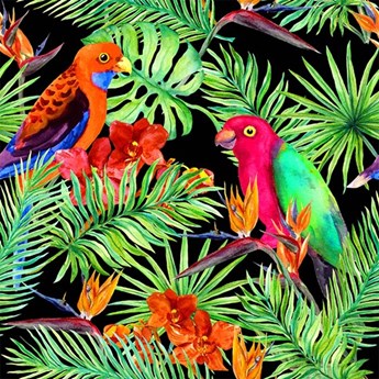 Egzotyczna przyroda papugi i kwiaty Okleina ścienna Egzotyczna przyroda papugi i kwiaty