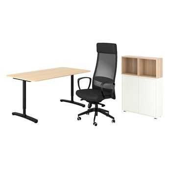 IKEA BEKANT/MARKUS / EKET Kombinacja biurko/szafka, i krzesło obrotowe biały/biała bejca ciemnoszary