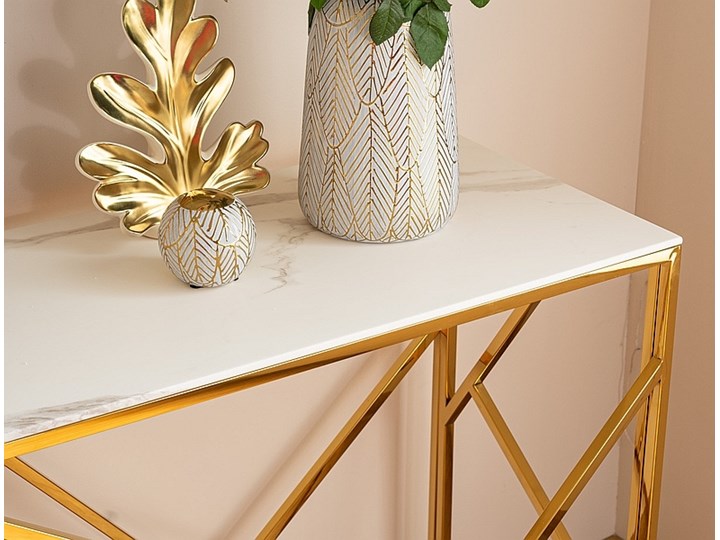 Złota konsola w stylu glamour Escada C II z blatem w efekcie marmuru Z szufladą Głębokość 40 cm Szerokość 120 cm Wysokość 78 cm Styl Nowoczesny Stal nierdzewna Szkło Kategoria Konsole