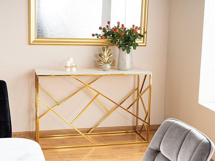 Złota konsola w stylu glamour Escada C II z blatem w efekcie marmuru Szkło Wysokość 78 cm Głębokość 40 cm Szerokość 120 cm Z szufladą Stal nierdzewna Kategoria Konsole