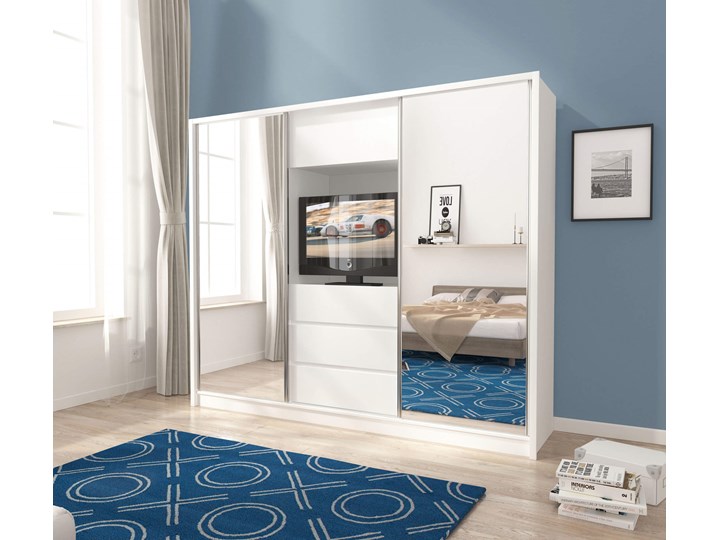 Szafa przesuwna z lustrem TV 250 kolor do wyboru Płyta MDF Płyta laminowana Wysokość 214 cm Głębokość 60 cm Szerokość 254 cm Styl Nowoczesny Metal Rodzaj drzwi Przesuwne