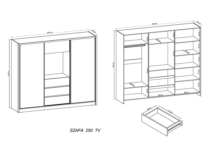 Szafa przesuwna z lustrem TV 250 kolor do wyboru Metal Płyta laminowana Szerokość 254 cm Płyta MDF Głębokość 60 cm Wysokość 214 cm Rodzaj drzwi Przesuwne