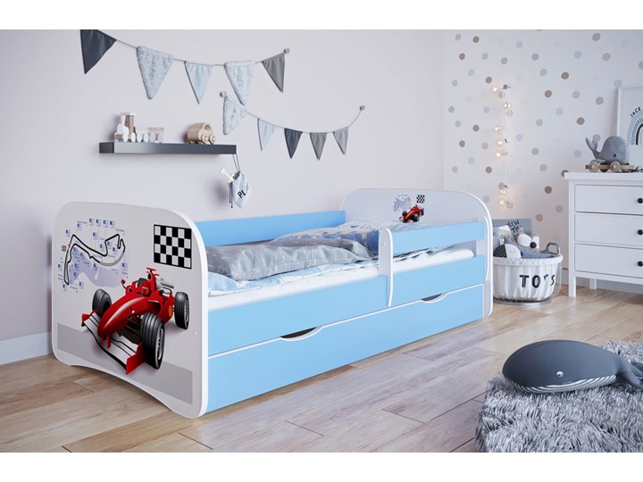 Łóżko chłopięce z materacem Happy 2X mix 80x180 - niebieskie Z szufladą Pojedyncze Z barierką Dla chłopca Płyta meblowa Rozmiar materaca 80x180 cm Kolor Biały