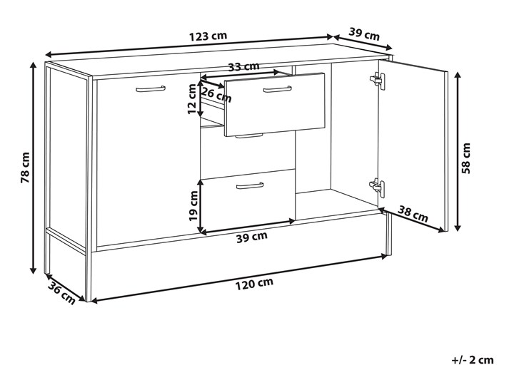 Beliani Komoda ciemne drewno czarna rama szuflady industrialny salon Płyta MDF Z szafkami i szufladami Szerokość 123 cm Głębokość 39 cm Kolor Czarny