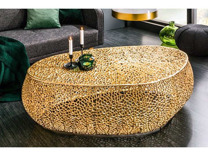 Złoty stolik kawowy do salonu - Limes Styl Nowoczesny Wysokość 42 cm Metal Stal Szerokość 69 cm Długość 122 cm Zestaw stolików Styl Industrialny