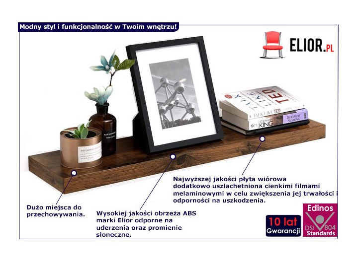 Loftowa półka wisząca do salonu i sypialni - Jorkis 10X Drewno Metal Płyta MDF Stal Płyta wiórowa Melamina Płyta meblowa Płyta laminowana Uniwersalne Tworzywo sztuczne Styl Rustykalny Kategoria Półki