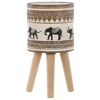 Beliani Doniczka na stojaku beżowo-brązowa nogi z drewna okrągła 22 x 22 x 43 cm ręcznie malowana styl afrykański motyw słonia