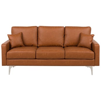 Beliani Sofa 3-osobowa brązowa tapicerowana ekoskórą srebrne nóżki grube siedzisko dodatkowe poduszki retro design