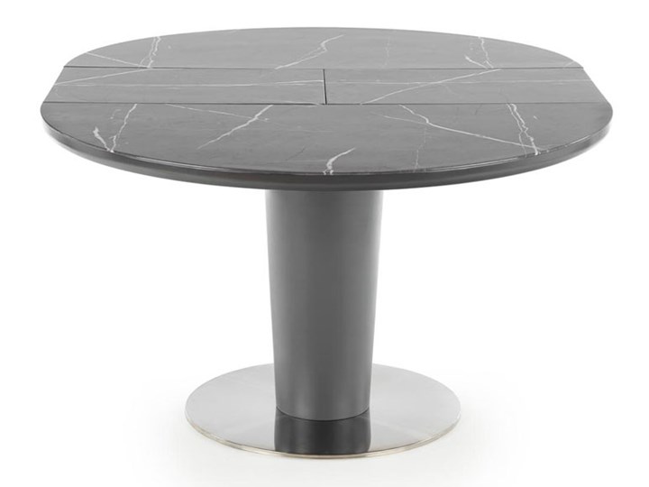 Rozkładany szary okrągły stół obiadowy - Dortis Wysokość 120 cm Płyta MDF Marmur Drewno Wysokość 76 cm Szkło Stal Styl Glamour