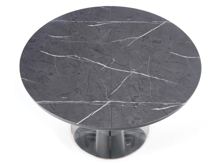 Rozkładany szary okrągły stół obiadowy - Dortis Wysokość 120 cm Wysokość 76 cm Płyta MDF Drewno Szkło Styl Minimalistyczny Marmur Stal Pomieszczenie Stoły do kuchni