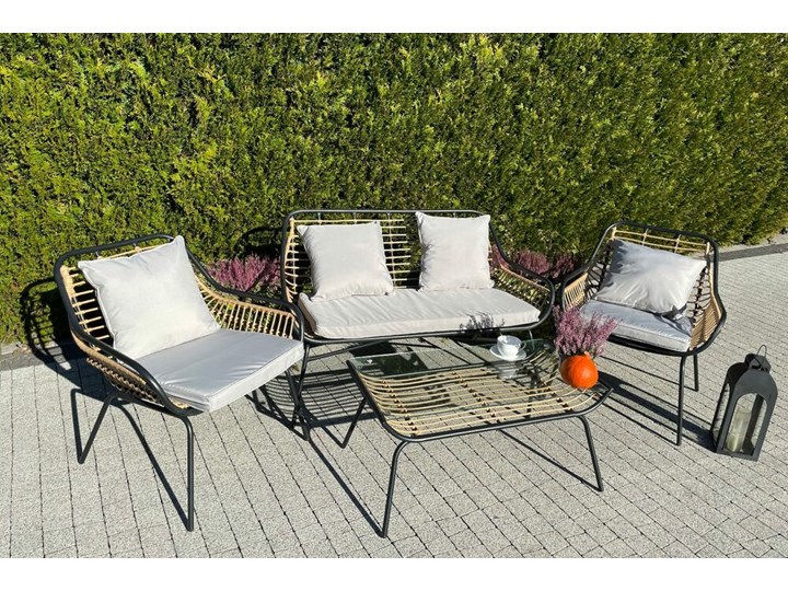 SELSEY Zestaw mebli ogrodowych Firber w stylu boho sofa z dwoma fotelami i stolikiem beżowy Zestawy wypoczynkowe Stoły z krzesłami Stal Rattan Zawartość zestawu Fotele