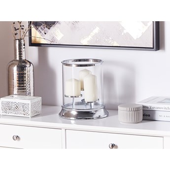 Beliani Świecznik srebrny metalowy ze szklanym kloszem 24 cm lampion na 3 świece elegancka dekoracja stołu komody ozdoba styl glamour