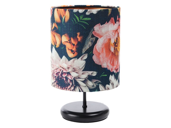 Czarna lampka nocna z abażurem w kwiaty - S383-Olfa Metal Kolor Czarny Tkanina Lampa z abażurem Wysokość 32 cm Lampa nocna Chrom Tworzywo sztuczne Styl Nowoczesny
