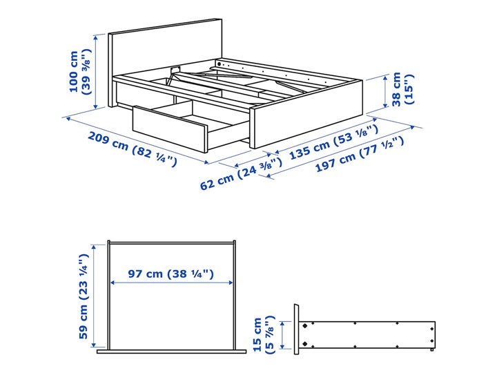IKEA MALM Rama łóżka z 2 pojemnikami, Okleina dębowa bejcowana na biało, 120x200 cm Łóżko drewniane Kategoria Łóżka do sypialni Drewno Liczba miejsc Dwuosobowe