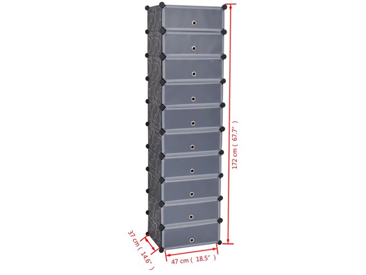 vidaXL Szafka na buty z 10 przegrodami, czarna Głębokość 37 cm Szerokość 47 cm Tworzywo sztuczne Wysokość 172 cm Metal Kategoria Szafki i regały