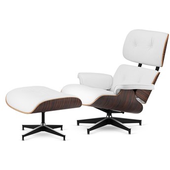 Fotel Lucera XL z podnóżkiem insp. Lounge Chair Biała Skóra Zebrano Czarna-z-chromowanymi-grzbietami