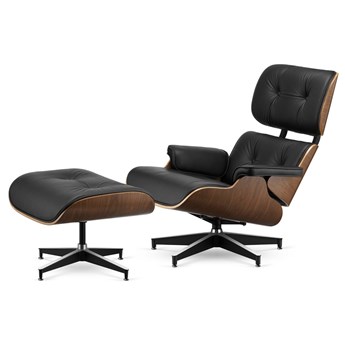 Fotel Lucera XL z podnóżkiem insp. Lounge Chair Czarna Skóra Ciemny orzech Czarna-z-chromowanymi-grzbietami