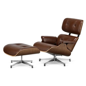Fotel Lucera z podnóżkiem insp. Lounge Chair Brązowa Skóra Ciemny orzech Srebrny kolor