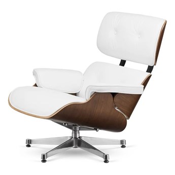 Fotel Lucera insp. Lounge Chair Biała Skóra Ciemny orzech Srebrny kolor