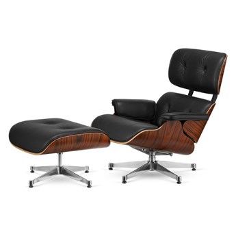 Fotel Lucera z podnóżkiem insp. Lounge Chair Czarna Skóra Brazylijski palisander Srebrny kolor