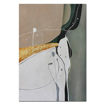 MODERN FLOW V abstrakcja beżowa ze złotymi i zielonymi elementami obraz ręcznie malowany, 60x90 cm