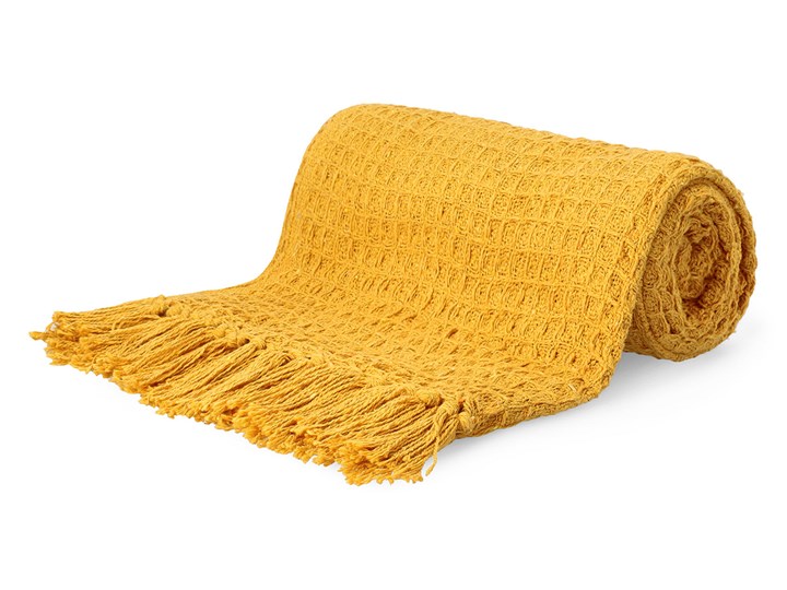 Pled VAFFEL musztardowy z frędzlami 130x170 cm - Homla Bawełna Kategoria Koce i pledy Kolor Beżowy