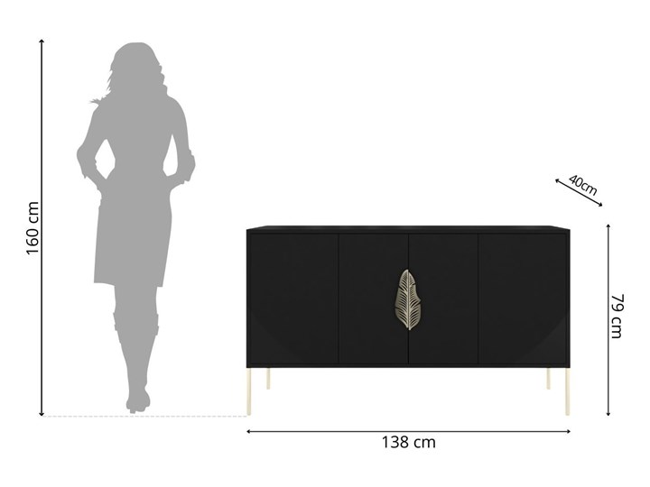 Czarna komoda Skandica MERLIN ze złotymi dodatkami Szerokość 138 cm Płyta MDF Wysokość 79 cm Głębokość 40 cm Styl Minimalistyczny