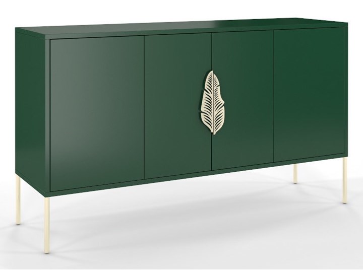 Zielona komoda Skandica MERLIN ze złotymi dodatkami Wysokość 79 cm Płyta MDF Szerokość 138 cm Głębokość 40 cm Styl Nowoczesny