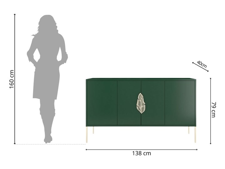 Zielona komoda Skandica MERLIN ze złotymi dodatkami Głębokość 40 cm Płyta MDF Szerokość 138 cm Wysokość 79 cm Styl Nowoczesny