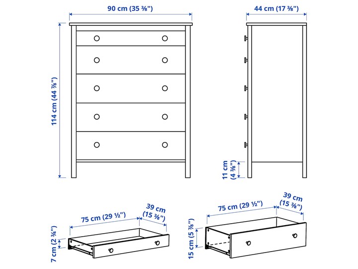 IKEA KOPPANG Komoda, 5 szuflad, Biały, 90x114 cm Szerokość 90 cm Z szufladami Płyta MDF Pomieszczenie Sypialnia Głębokość 44 cm Kategoria Komody