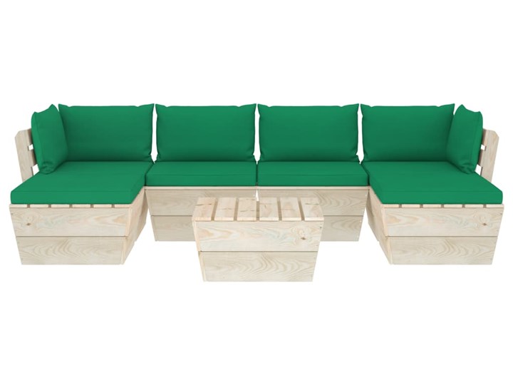 vidaXL 7-cz. ogrodowy zestaw wypoczynkowy z palet, poduszki, świerk Zestawy modułowe Drewno Zestawy wypoczynkowe Tworzywo sztuczne Kolor Zielony Zawartość zestawu Narożnik