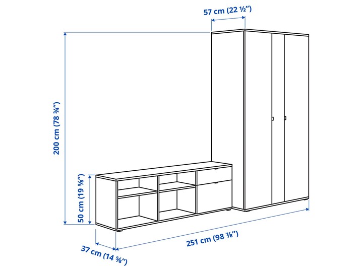 IKEA VIHALS Kombinacja szafa/ława, biały, 251x57x200 cm Pomieszczenie Salon