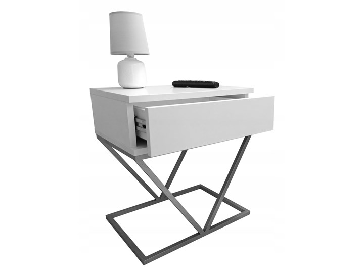 Stolik nocny "YOGA" biały mat, srebrna podstawa V Płyta meblowa Głębokość 35 cm Płyta MDF Szerokość 45 cm Metal Nocne Styl Glamour Płyta laminowana Pomieszczenie Sypialnia