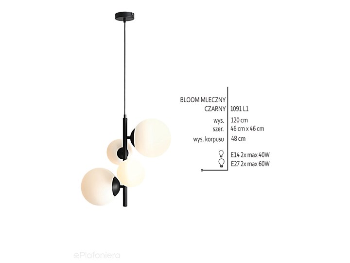 Lampa wisząca pionowy żyrandol, zawiesie czarne, 4 mleczne kule (2xE14/2xE27) Aldex (Bloom) 1091L1 Ilość źródeł światła 2 źródła Metal Szkło Lampa z kloszem Styl Nowoczesny