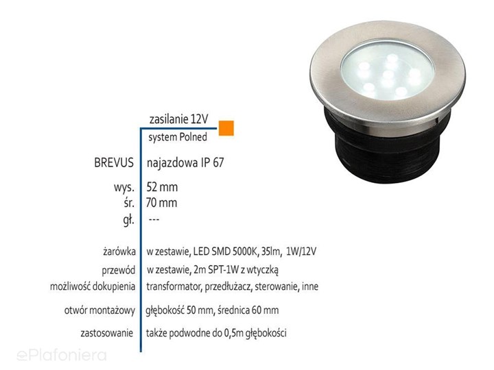 Lampa najazdowa/podwodna, ogrodowa zewnętrzna IP 67 (1W, 5000K) (system 12V LED) Brevus Lampa LED Oprawa najazdowa Kategoria Lampy ogrodowe Kolor Szary