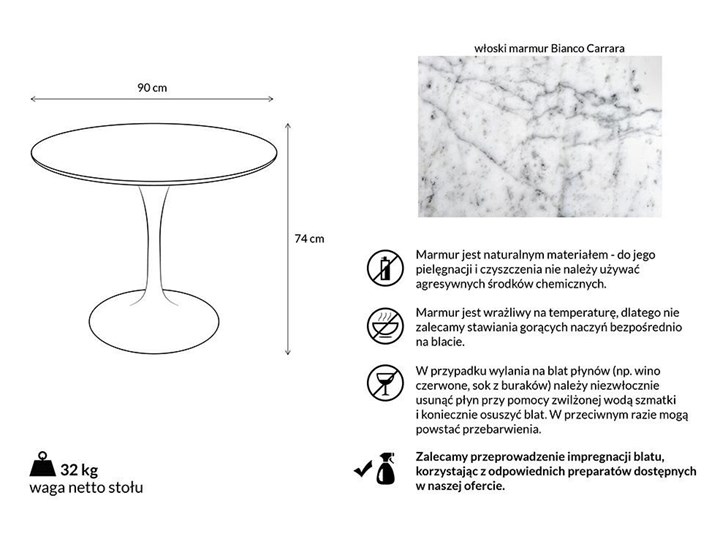 Stół okrągły marmurowy, biały TULIP MARBLE FI 90 CARRARA Stal Kamień Wysokość 74 cm Styl Nowoczesny