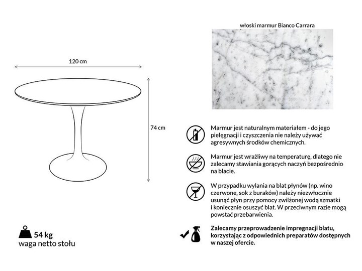 Stół okrągły marmurowy,  biały TULIP MARBLE  FI 120 CARRARA Kamień Wysokość 74 cm Stal Rozkładanie