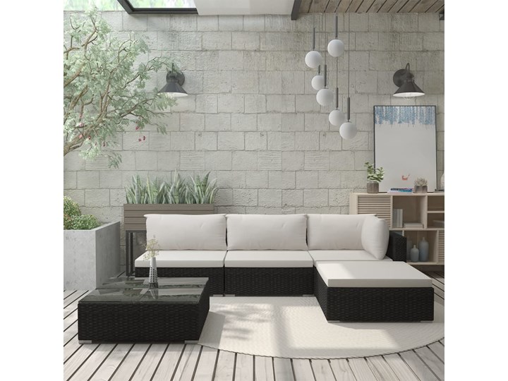 vidaXL 5-cz. zestaw mebli do ogrodu, poduszki, rattan PE, czarny Zawartość zestawu Narożnik Stal Zestawy wypoczynkowe Tworzywo sztuczne Zestawy modułowe Zestawy kawowe Liczba miejsc Czteroosobowy