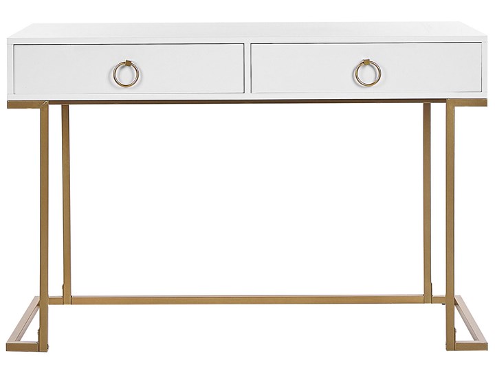 Beliani Konsola biała matowa 2 szuflady 77 x 115 cm złota metalowa podstawa elegancka toaletka biurko w stylu glamour Stal nierdzewna Pomieszczenie Przedpokój Z szufladą Płyta MDF Pomieszczenie Salon