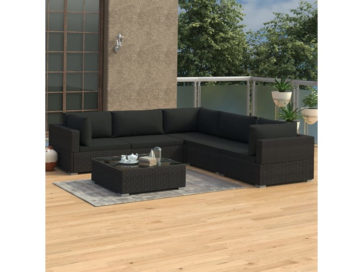 vidaXL 6-cz. zestaw wypoczynkowy do ogrodu, poduszki, rattan PE czarny Zestawy wypoczynkowe Tworzywo sztuczne Stal Zestawy kawowe Zawartość zestawu Sofa Zestawy modułowe Styl Nowoczesny
