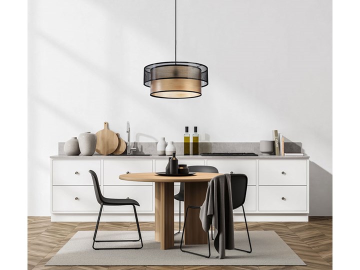 Okrągła lampa wisząca z siateczką nad stół - S430-Krisa Metal Drewno Lampa z abażurem Tworzywo sztuczne Pomieszczenie Salon Pomieszczenie Kuchnia
