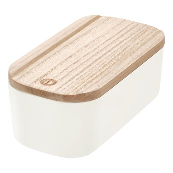 Biały pojemnik z pokrywką z drewna paulownia iDesign Eco, 9x18,3 cm