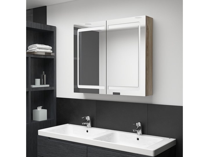 vidaXL Szafka łazienkowa z lustrem i LED, kolor dębu, 80x12x68 cm Płyta MDF Szkło Drewno Wiszące Szafki Rodzaj frontu Drzwiczki