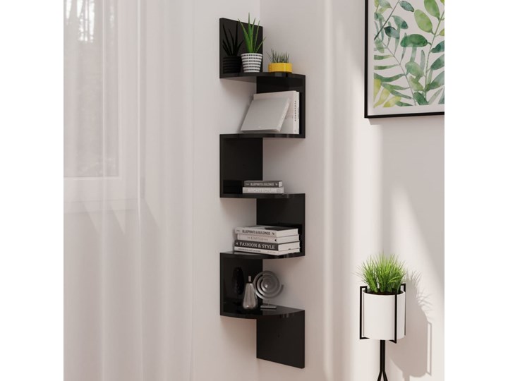 vidaXL Narożna półka ścienna, wysoki połysk, czarna, 19x19x123 cm Płyta laminowana Pomieszczenie półki do salonu Płyta wiórowa Płyta meblowa Płyta MDF Kolor Czarny