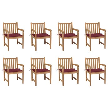vidaXL Krzesła ogrodowe, 8 szt., czerwone poduszki, drewno tekowe